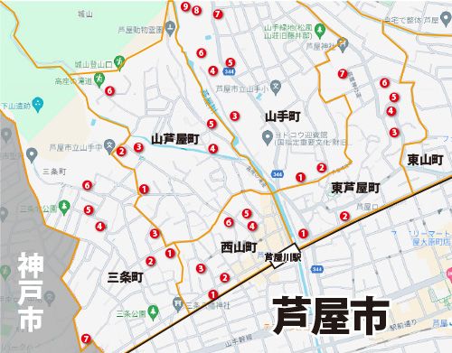 芦屋川駅付近の地図